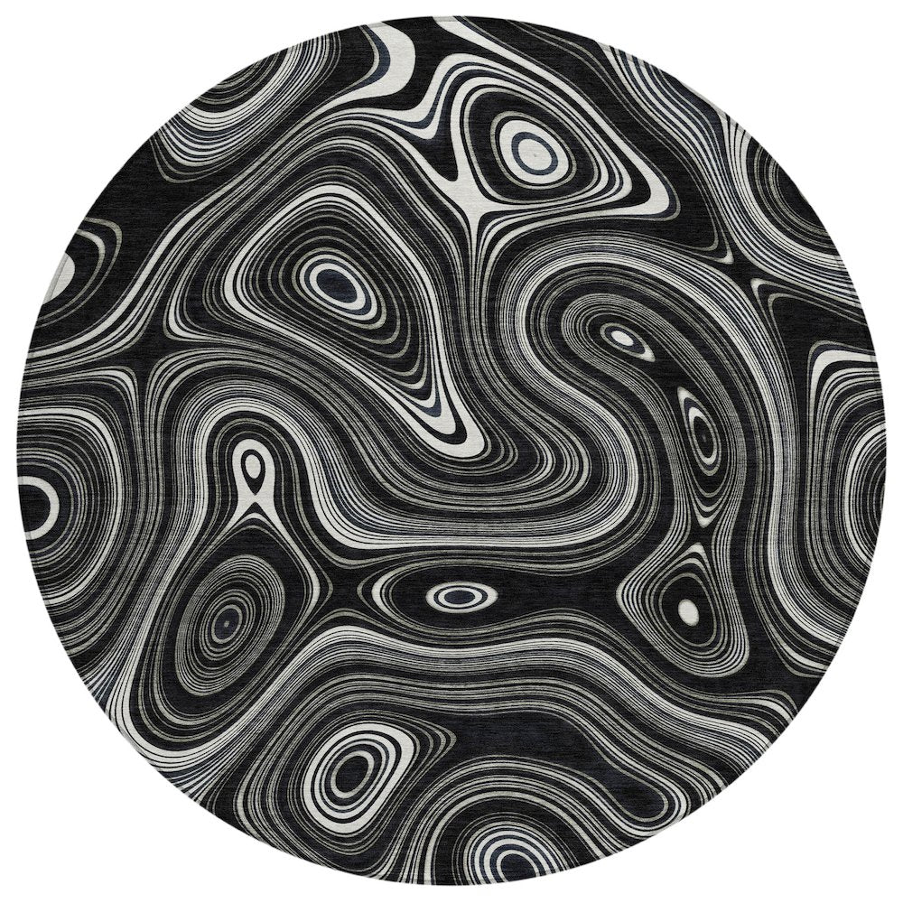 Machine Washable Indoor/Outdoor Chantille ACN2097 Black 8 x 8 Round Rug