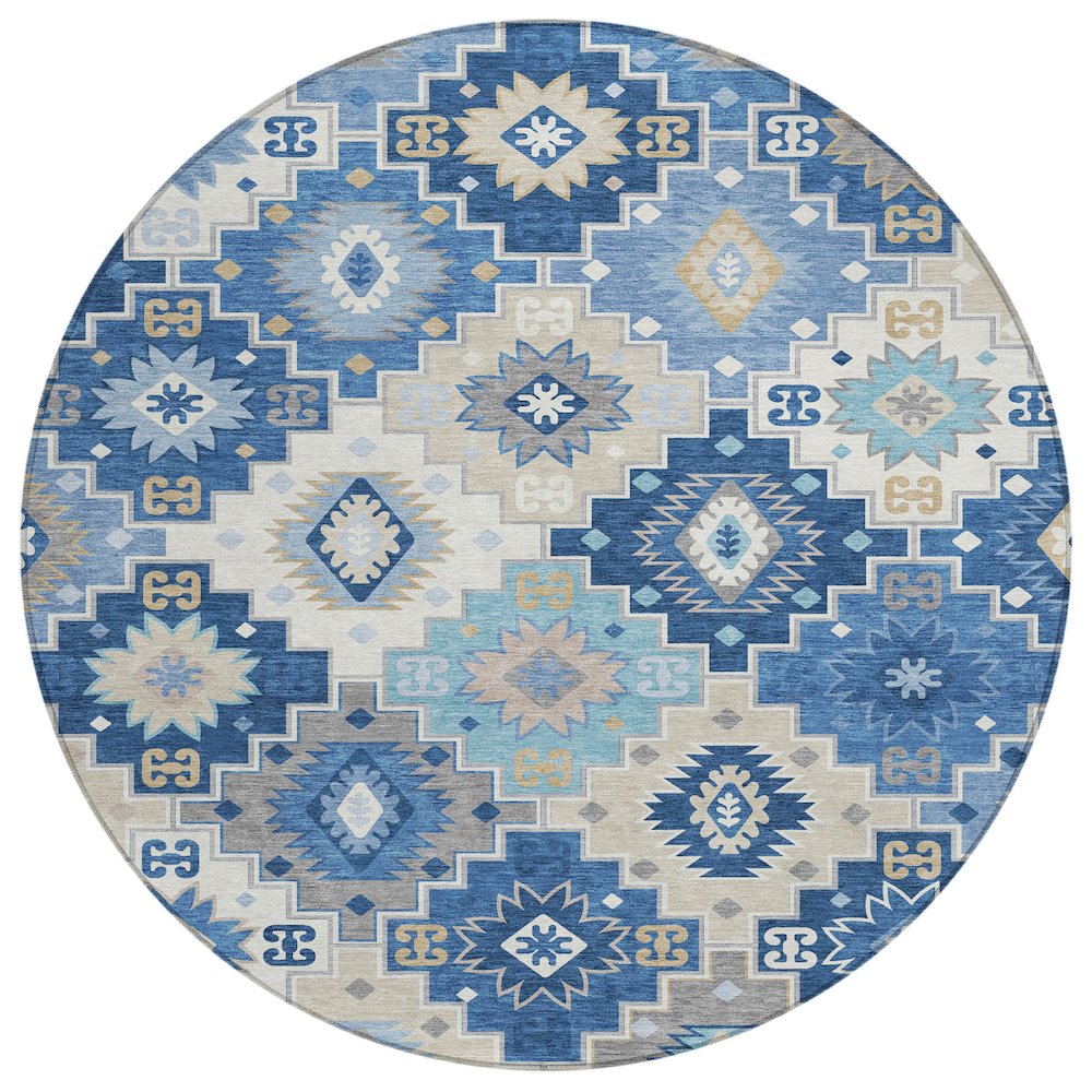 Machine Washable Indoor/Outdoor Chantille ACN2123 Blue 8 x 8 Round Rug