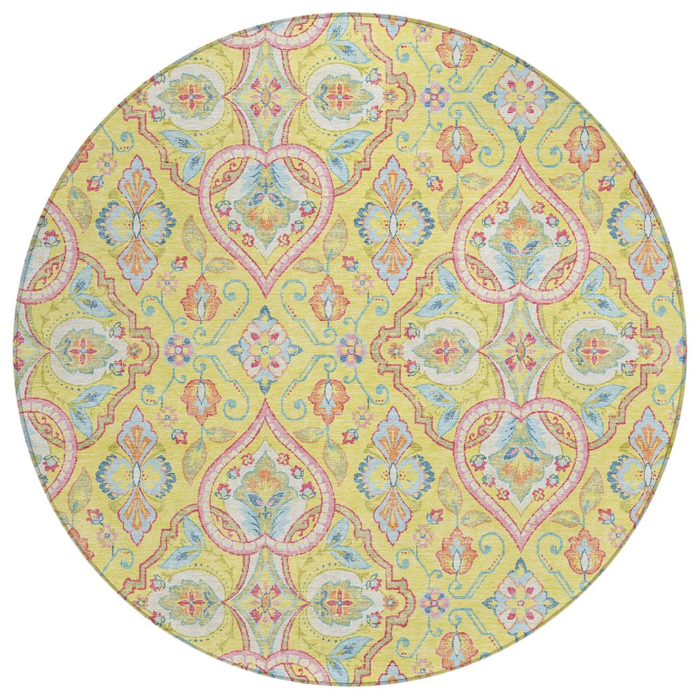 Machine Washable Indoor/Outdoor Chantille ACN2207 Yellow 8 x 8 Round Rug