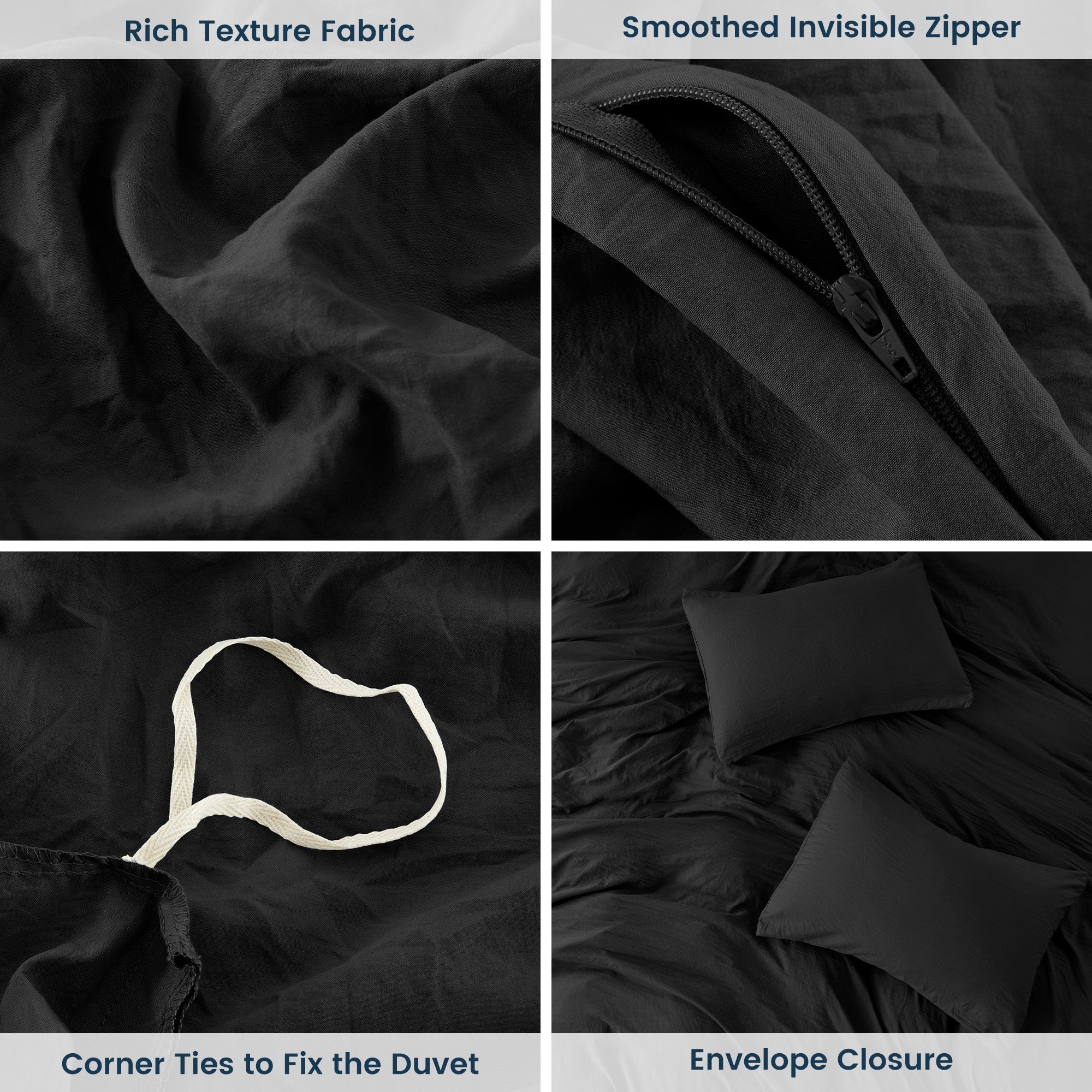 Stone Washed Duvet Cover Set - Black