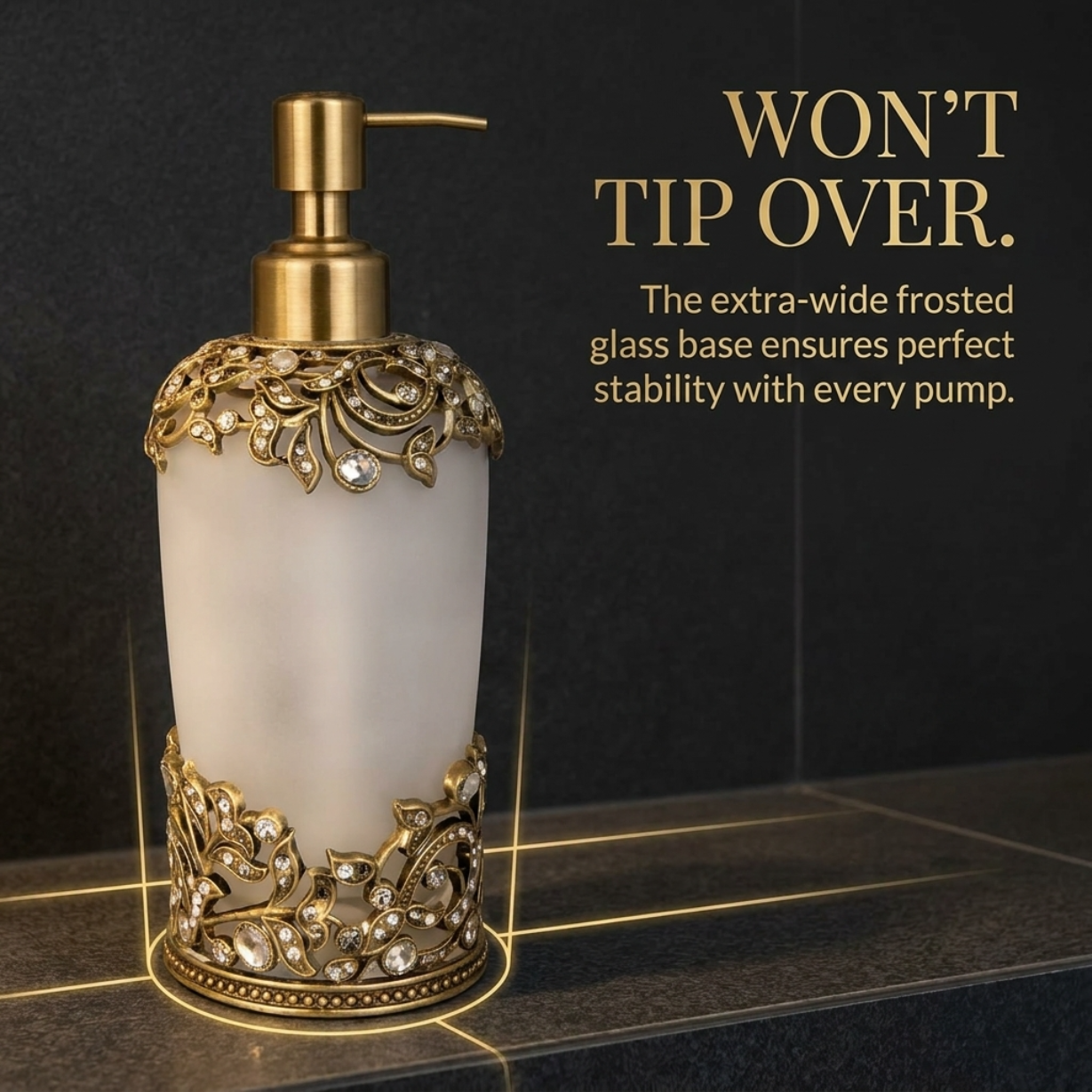 Soap Dispenser - Frosted Glass Bathroom Decor Item With Pewter Finish & Rhinestone Embellished