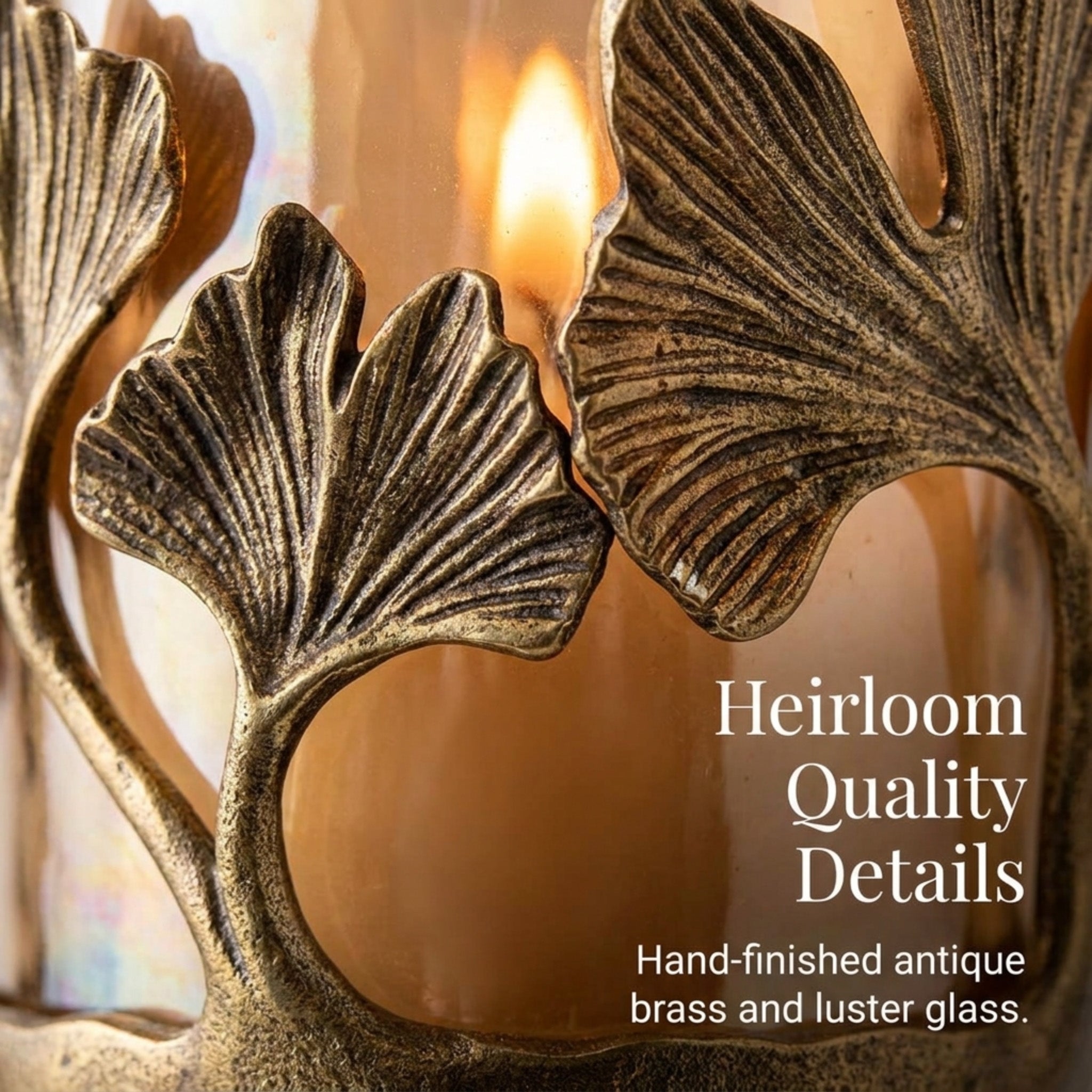 Gold Candle Holder - Glass Hurricane with Gingko Leaf Design for Indoor Decor