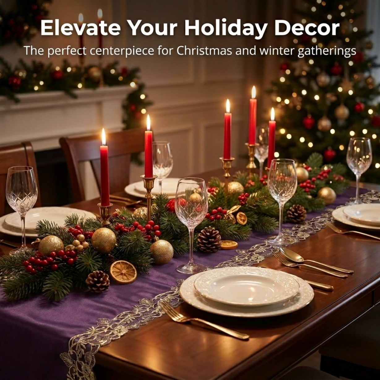 Plum Gold Table Runner – Rustic Embroidered Linen Decor for Dining Table 14x108 Inch
