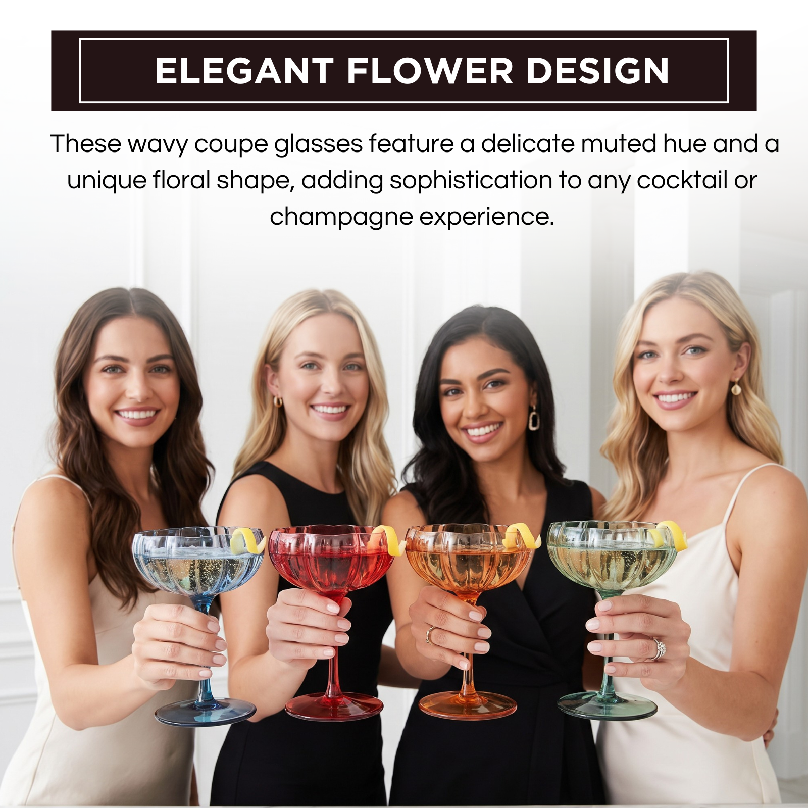 Flower Coupe Cocktail Colored Glasses | Set of 4 | Muted