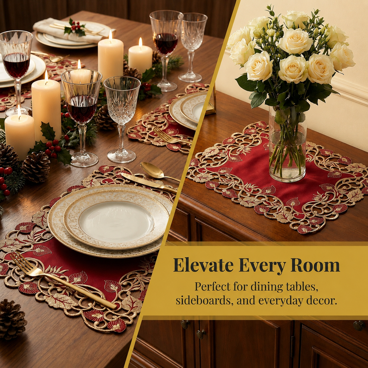 Burgundy Gold Placemats – Rustic Embroidered Table Mats for Dining Decor 12x18 Inch