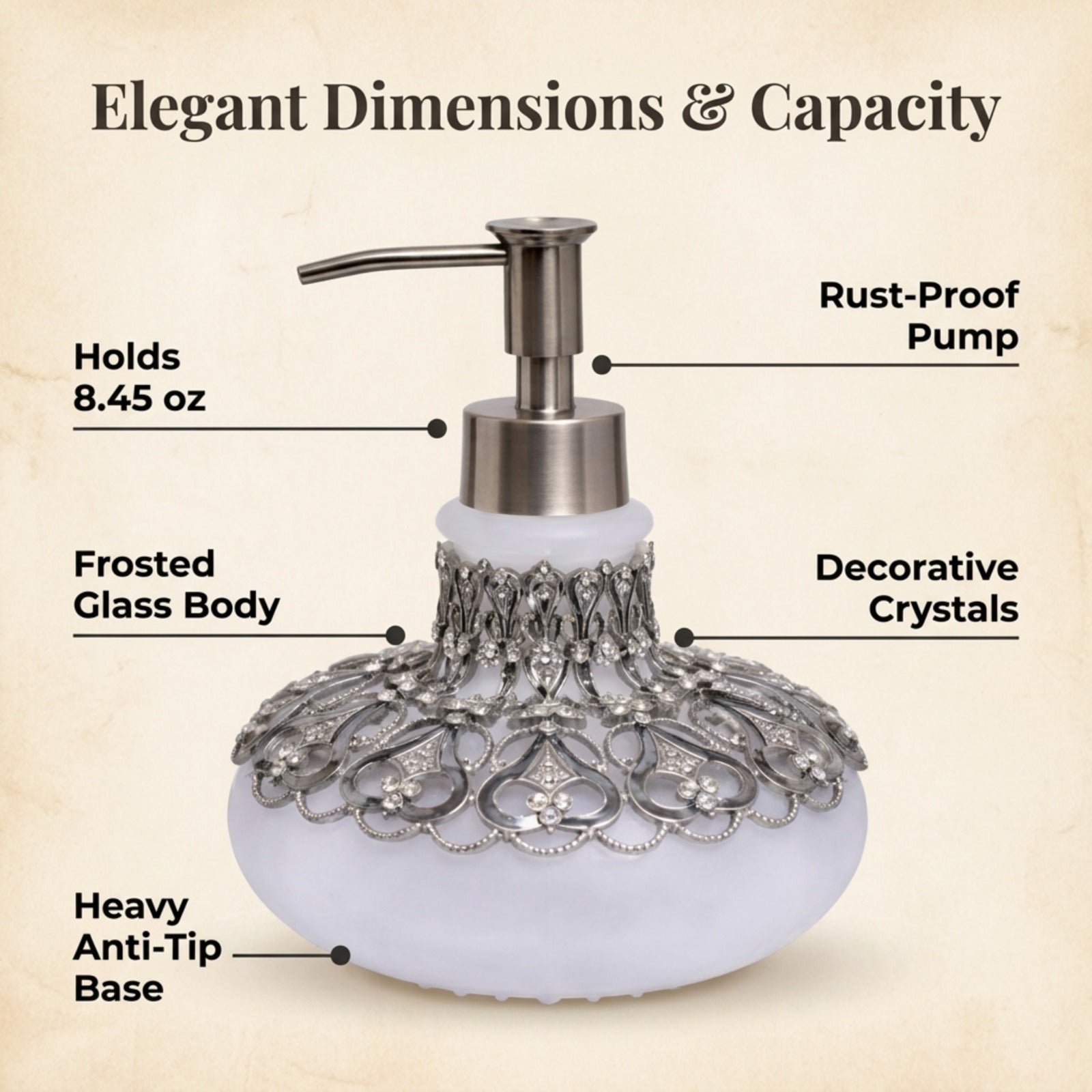 Oriana Soap Dispenser – Elegant 9 oz Frosted Glass Bathroom Decor with Rhinestone Pump