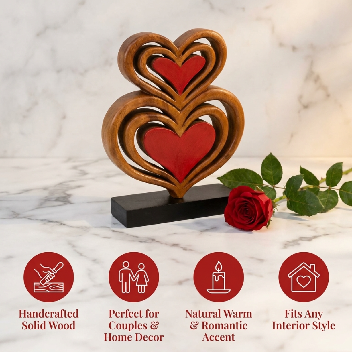 Handmade Wooden Sculpture – Rustic Heart Sculpture Carved From Acacia Wood