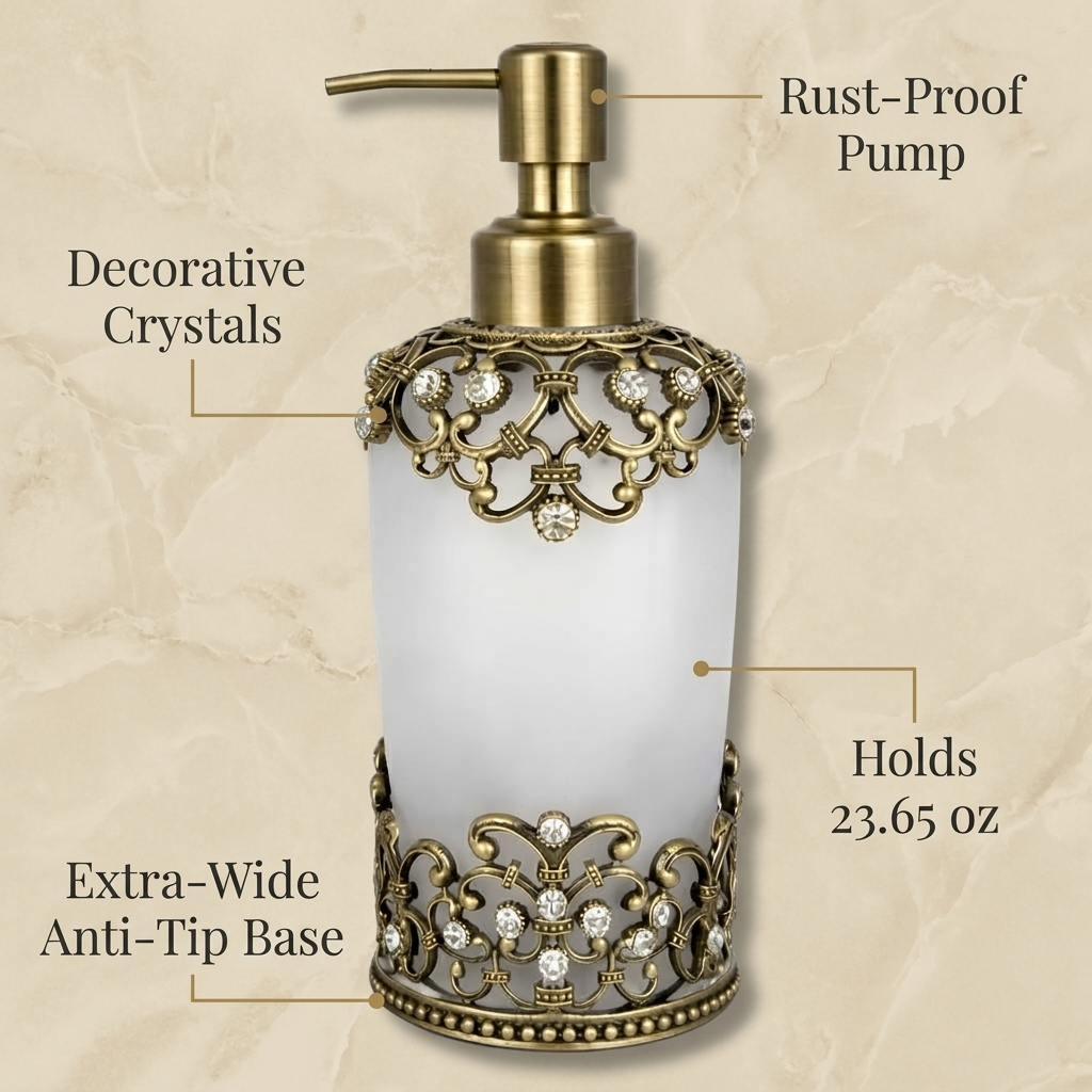Amara Soap Dispenser – Frosted Glass Decorative Bathroom Accessory With Pewter Finish