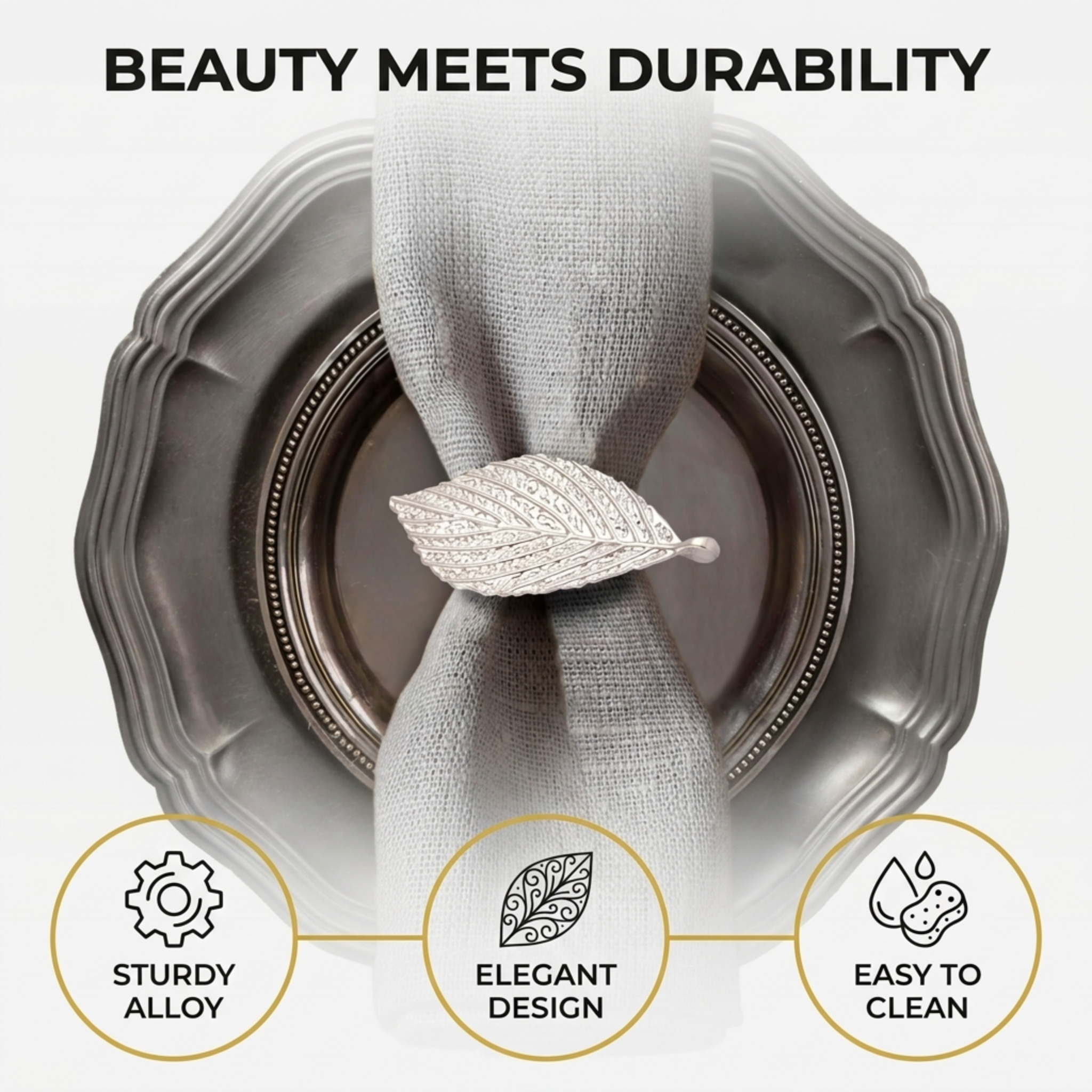 Silver Leaf Napkin Rings – Elegant Table Decor | Rust Resistant Metal Rings