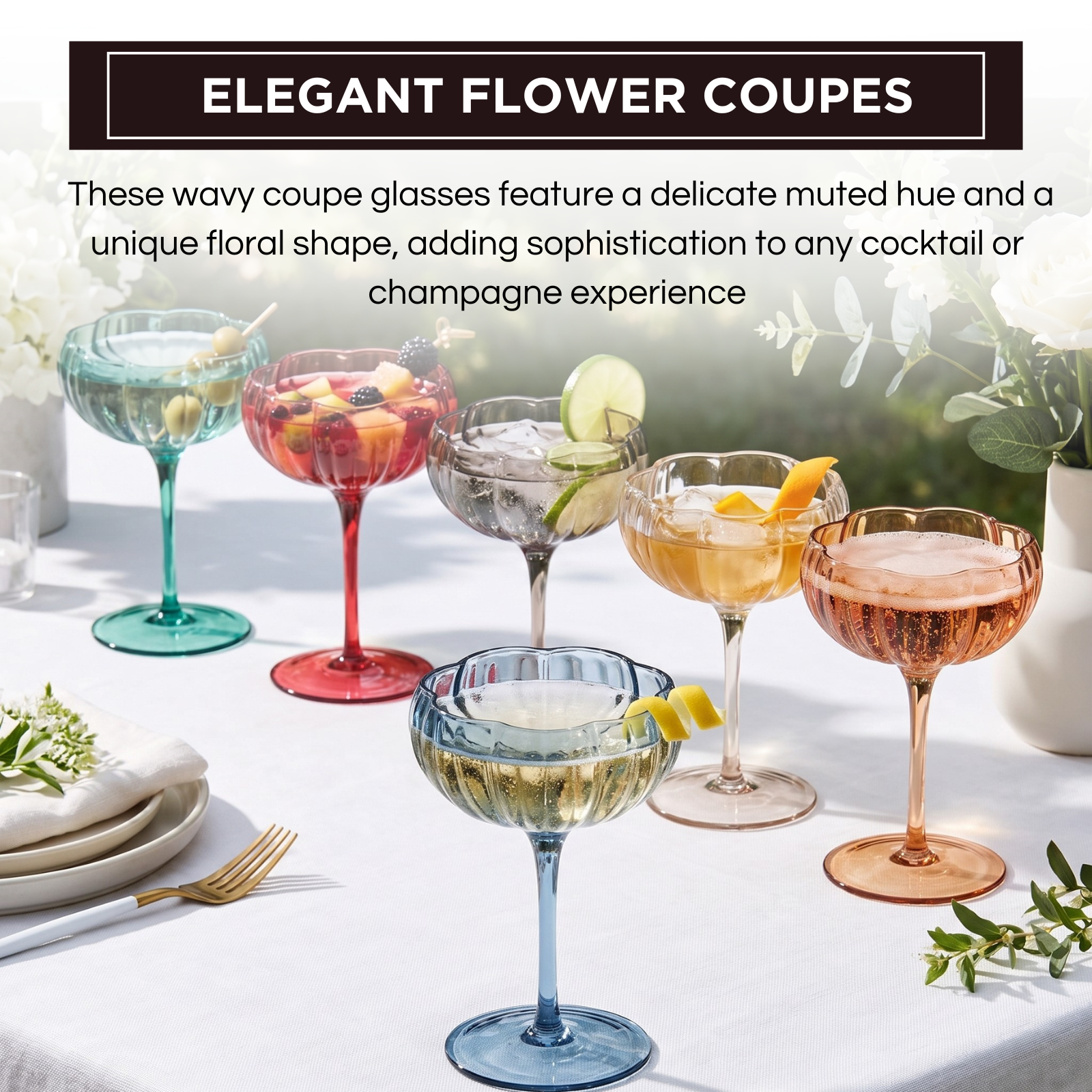 Flower Coupe Cocktail Colored Glasses | Set of 6 | Muted