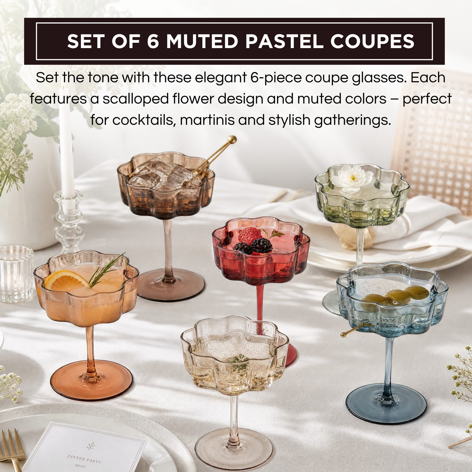 Flower Wave Coupe Cocktail Colored Glasses | Set of 6 | Muted Colors