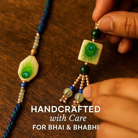 Premium Designer White Peacock Resin Rakhi Set of 2 with Roli Chawal for Bhaiya Bhabhi – Traditional Lumba Set, Thread Rakhi with Stones – Ideal Raksha Bandhan Gift