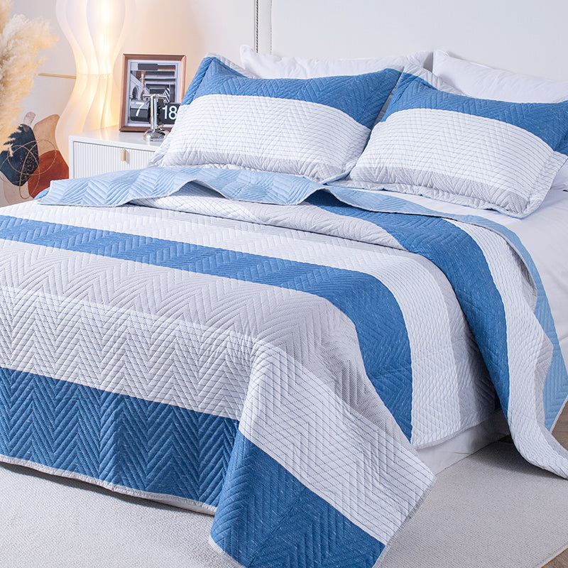 Kasentex Lightweight Reversible Stripe Quilt Set Bedding- Sky Blue and Ivory White, Room Decor, Graduation Gifts, Father's Day Gift