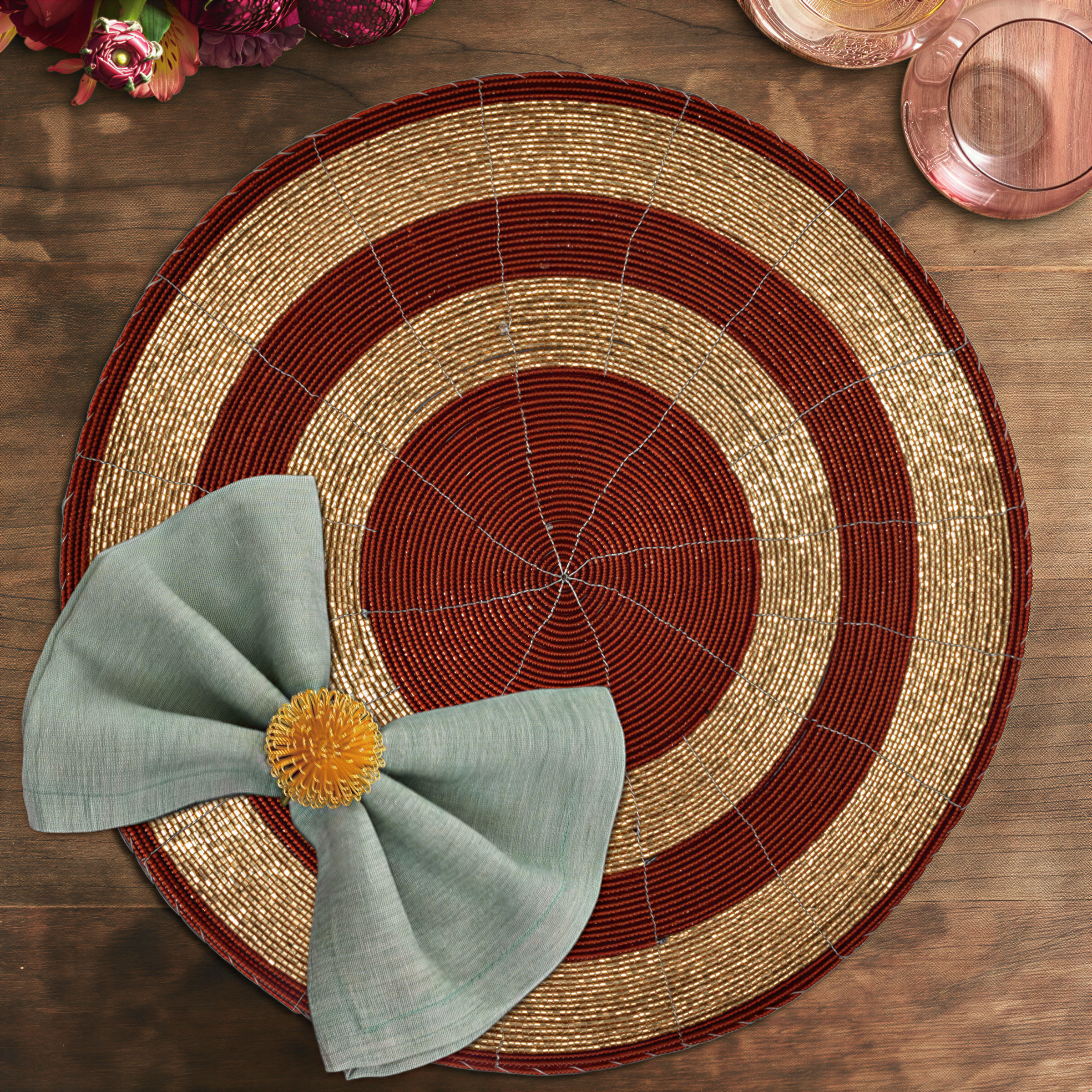 Beaded Placemats – Round Handmade Table Decor with Embroidered Beads, 14 Inch
