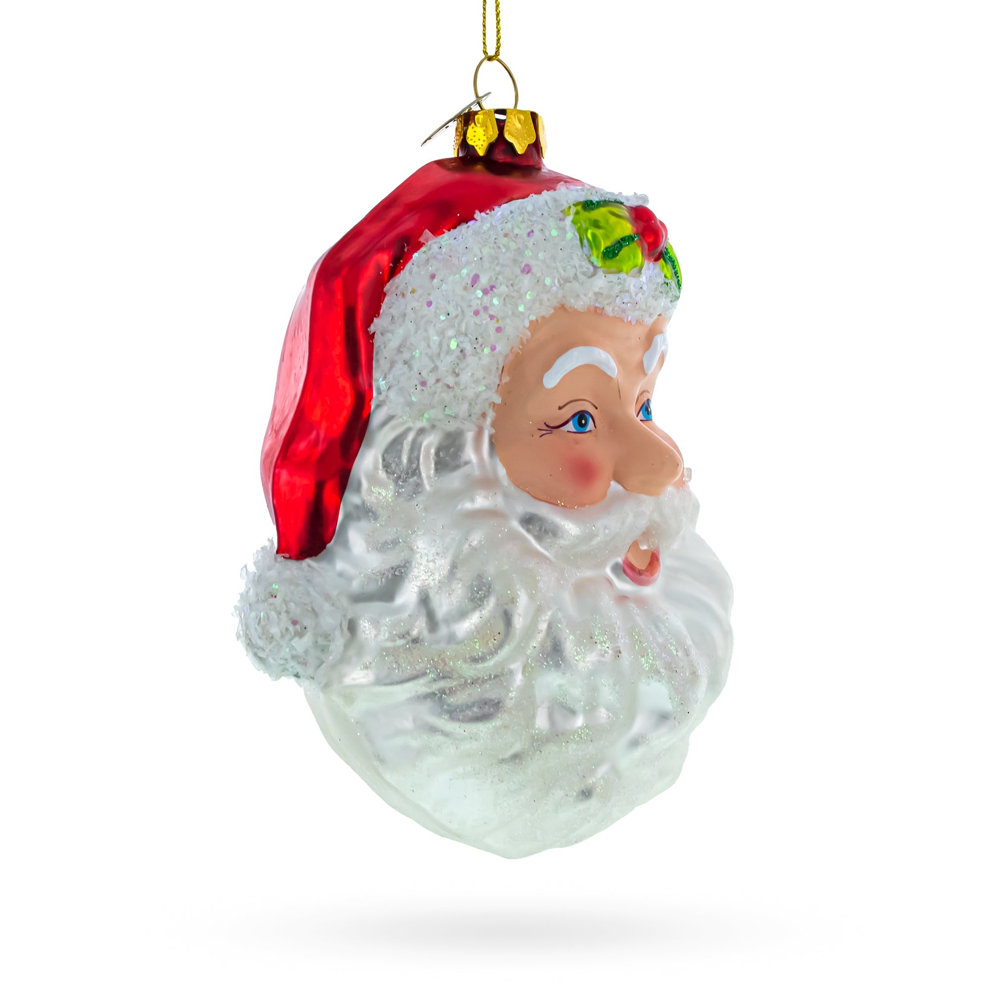 Santa Head with Mistletoe Glass Christmas Ornament