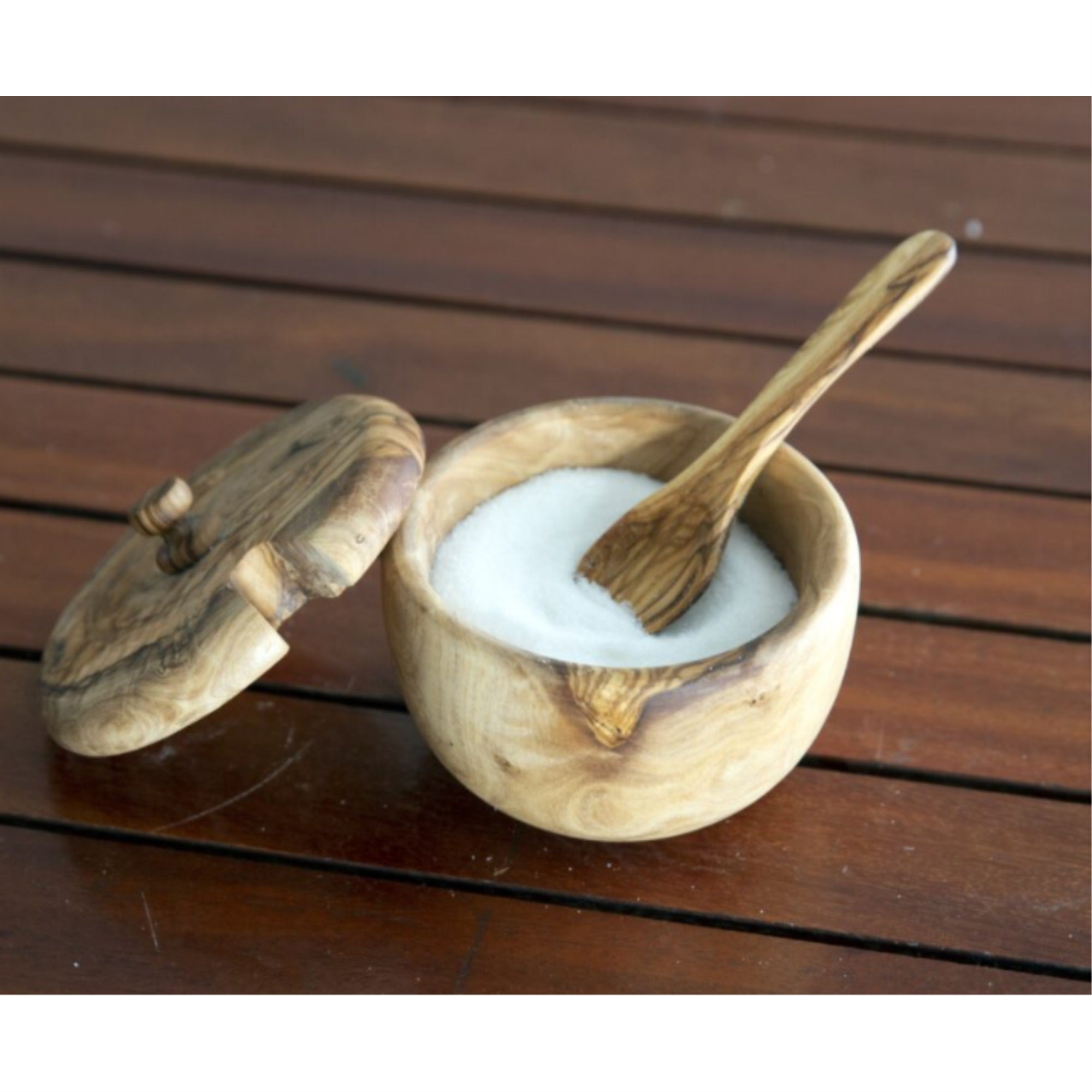 Olive wood honey pot jar with dipper stick spoon