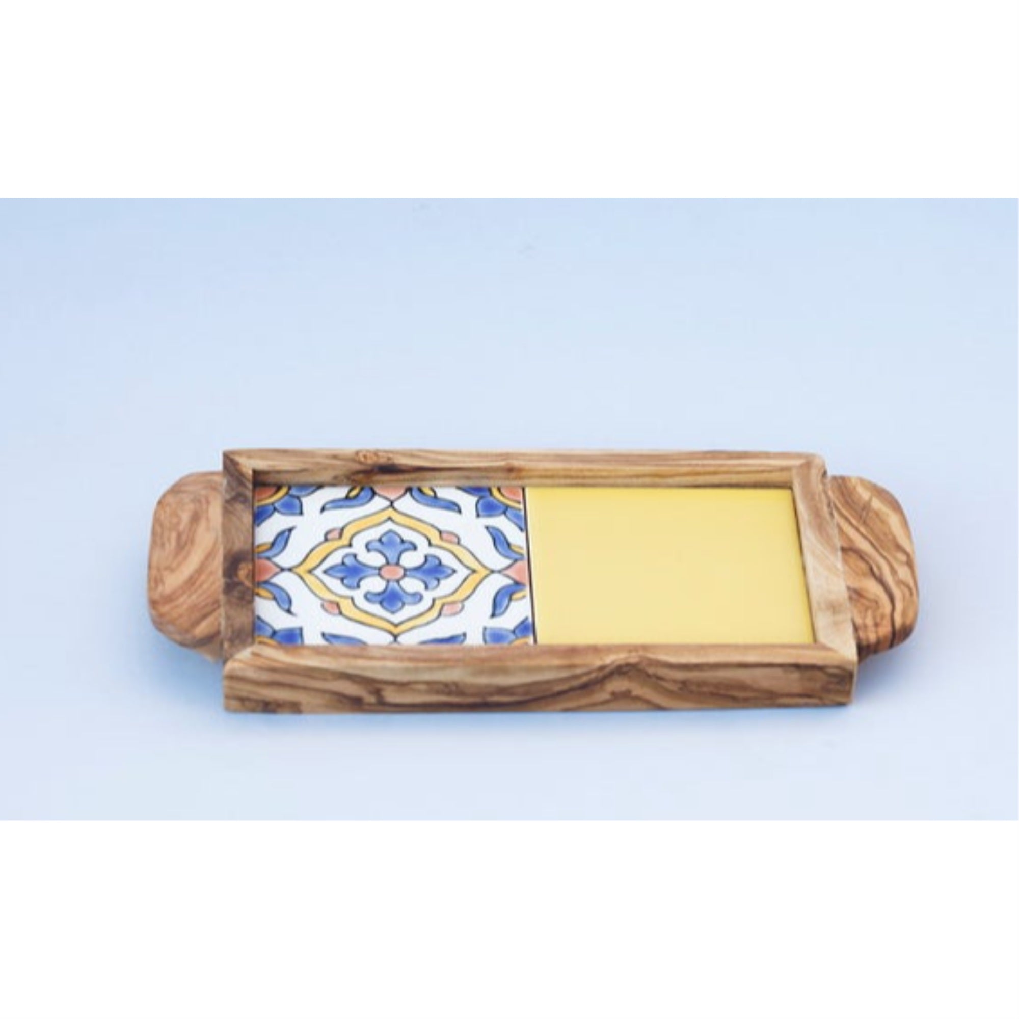 Medium Olive wood with Ceramic Tiles and ergonomic hands Serving Tray, Alhambra
