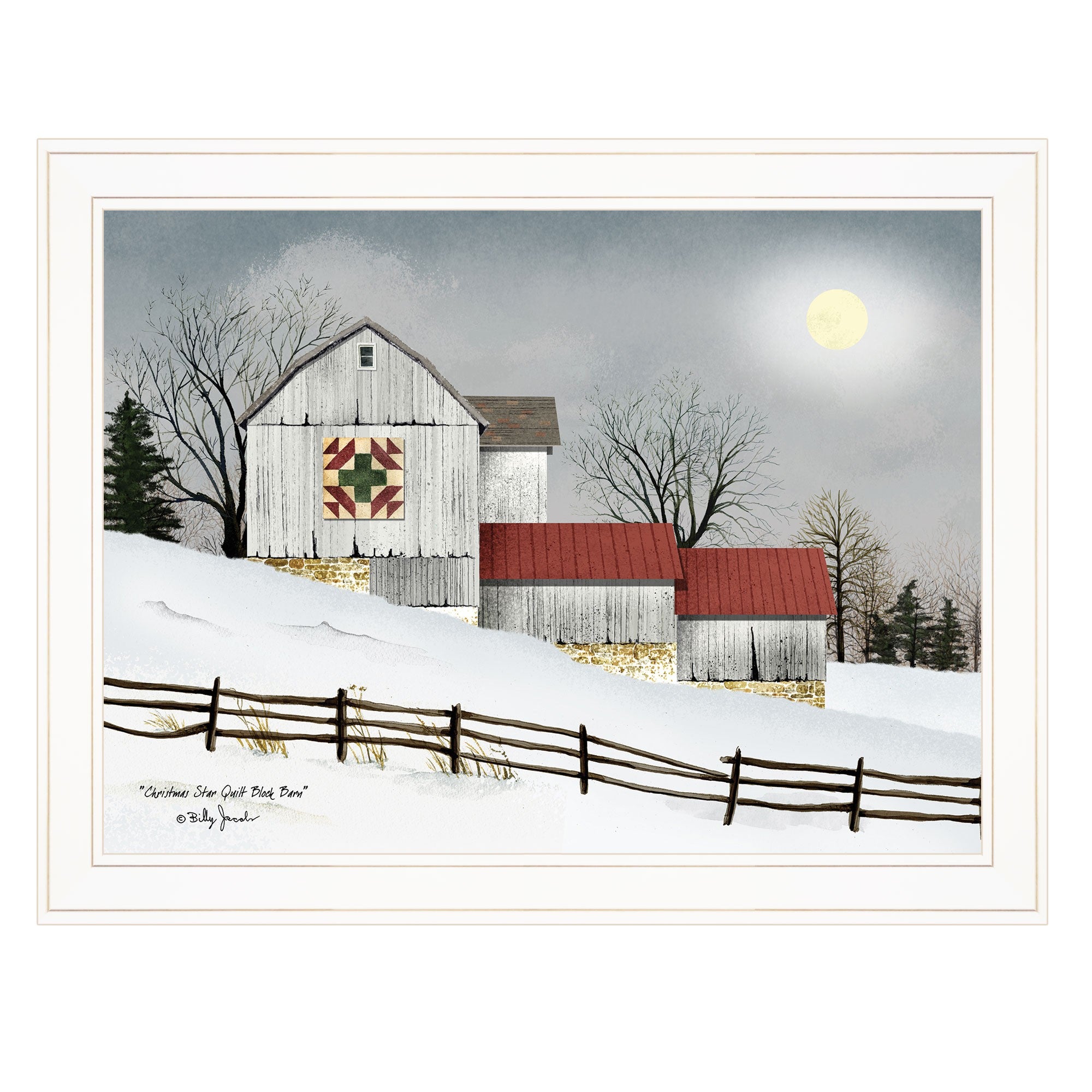 christmas Star Quilt Block Barn 1 White Framed Print Wall Art