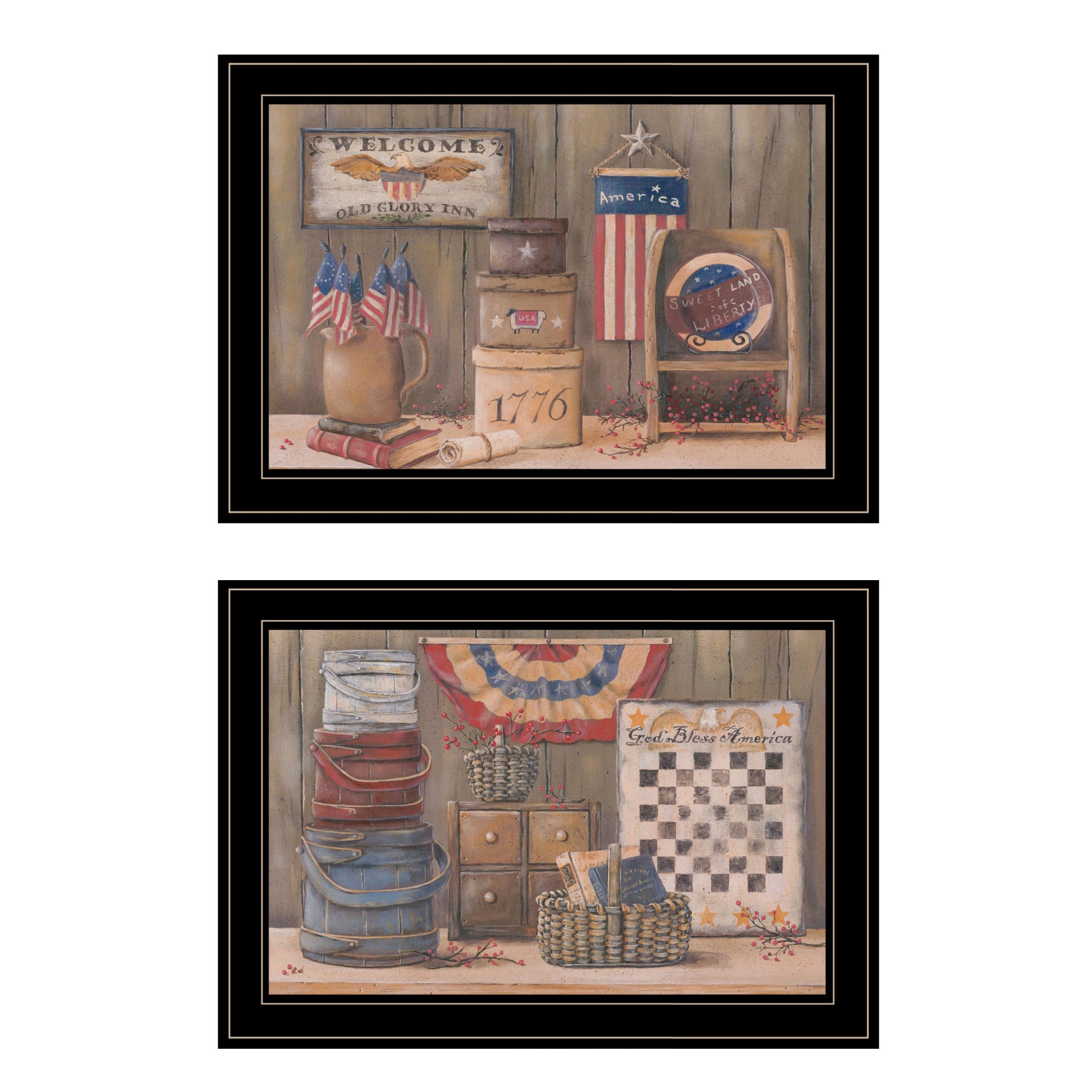 Set Of Two god Bless Or Sweet Land 2 Black Framed Print Wall Art