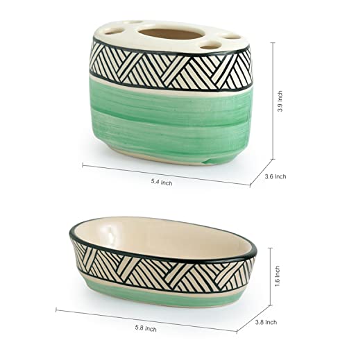 Exclusivelane Sea Green Sky 3 Piece Ceramic Bathroom Accessories Set Of 3 (Soap Tray, Ceramic Toothbrush Holder For Bathroom,
