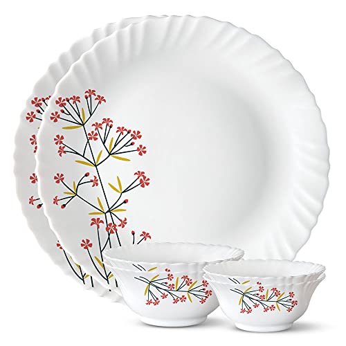 Larah By Borosil Red Bud Silk Series Opalware Dinner Set | 6 Pieces For Family Of 2 | Microwave & Dishwasher Safe | BoneAsh Fre