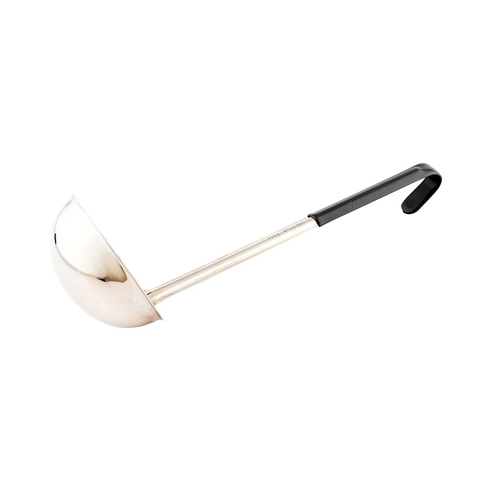Restaurantware Met Lux 12 Ounce Soup Ladle 1 Hook Handle Serving Spoon - With Black Handle Dishwashable Stainless Steel Cooking