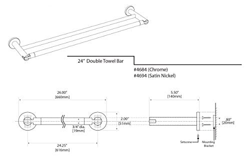 Gatco 4684 Channel Double Towel Bar, 24'', Chrome