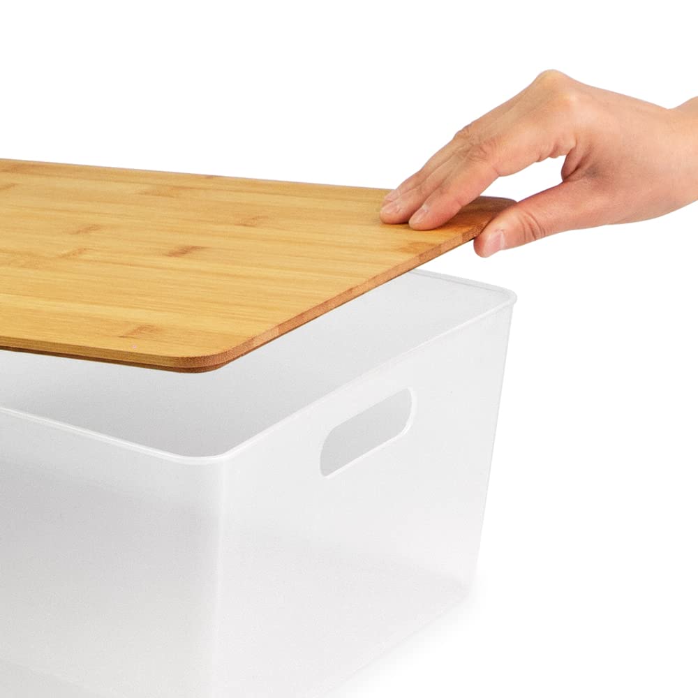 Isaac Jacobs 2-Pack Xl Clear Storage Bin Set W/Cut-Out Handles And Bamboo Lid, Plastic Organizers For Home, Pantry, Kitchen, Clo