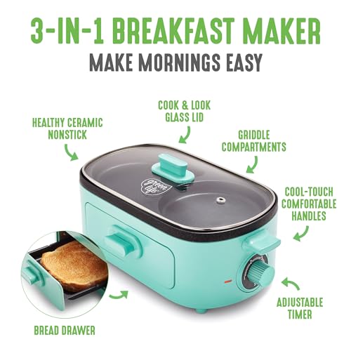 Greenlife 3-In-1 Breakfast Maker Station, Healthy Ceramic Nonstick Dual Griddles For Eggs Meat And Pancakes, 2 Slice Toast Drawe