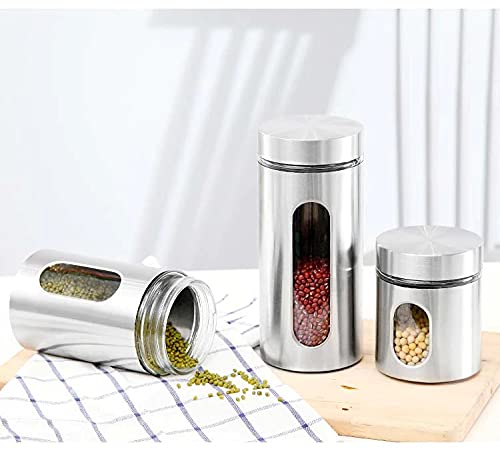 Seaspirit Air Tight Plain Steel & Glass Container For Cereals, Pulses, Atta, Flour, Rice Keeper, Snacks 3 Set, (700Ml, 1000Ml, 1