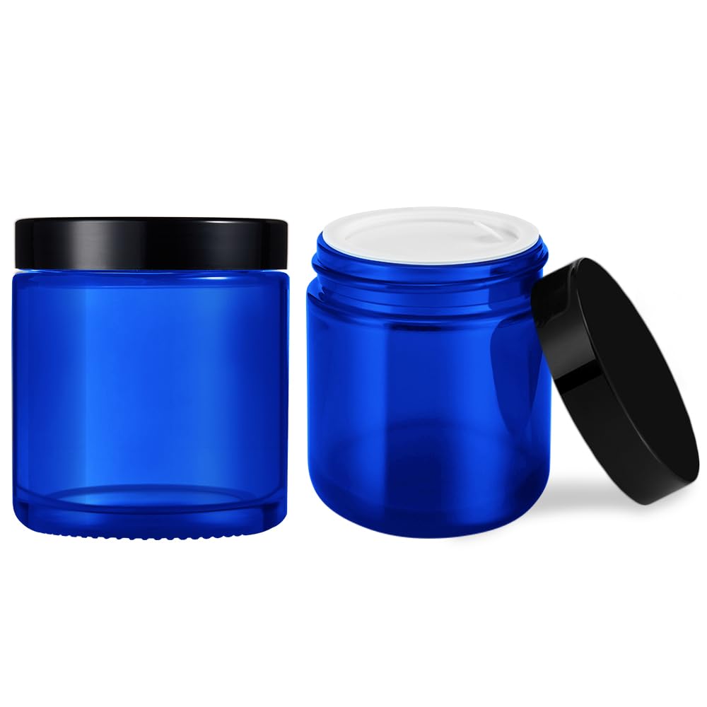 4 Oz Glass Jars With Lids, Tecohouse Blue Glass Jars With Black Lids & Inner Liners, Mini Travel Sample Containers For Slime, Ma