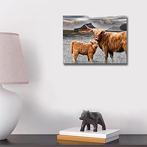 Rinsiken Highland Cattle Wall Art With Long Horns Picture - Highland Cow Print On Canvas Painting 12X16 Inches Artwork For Home