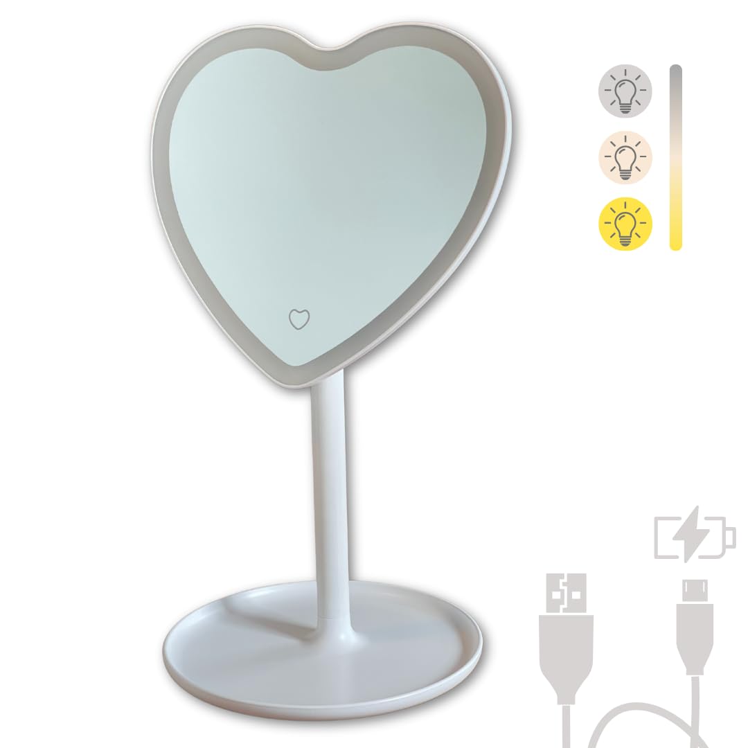 White Heart Mirror With Lights And Storage Tray. Rechargeable Heart Shaped Mirror For White Room Decor. Aesthetic White Mirror F