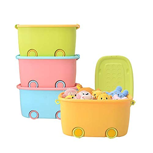 Hollio Stackable Storage Baskets With Lids, Handles And Wheels, 45 Litre, ChildrenS Toy Storage Container (Pack Of 4)