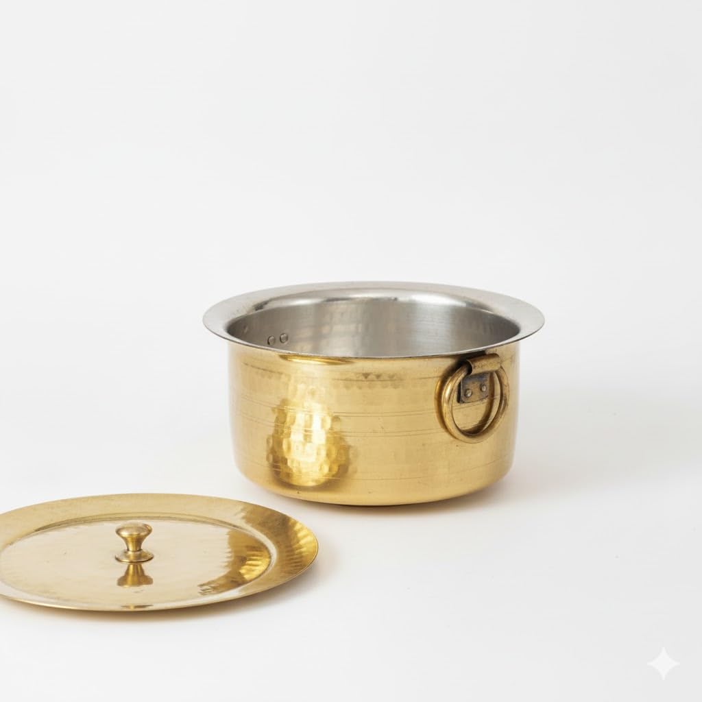P-Tal Brass Patila For Cooking | 100% Pure Brass Round Heavy Bottom | Tapeli/Patila/Bhagona | Golden Brass Handi (1 Liter), Hamm