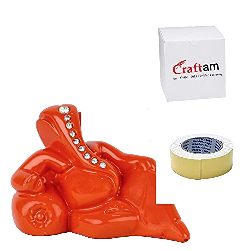 Craftam Polyresin Orange Ganesha Statue For Car Dashboard God Ganesh Murti Ganpati Idol Figurine With Double Side Tape