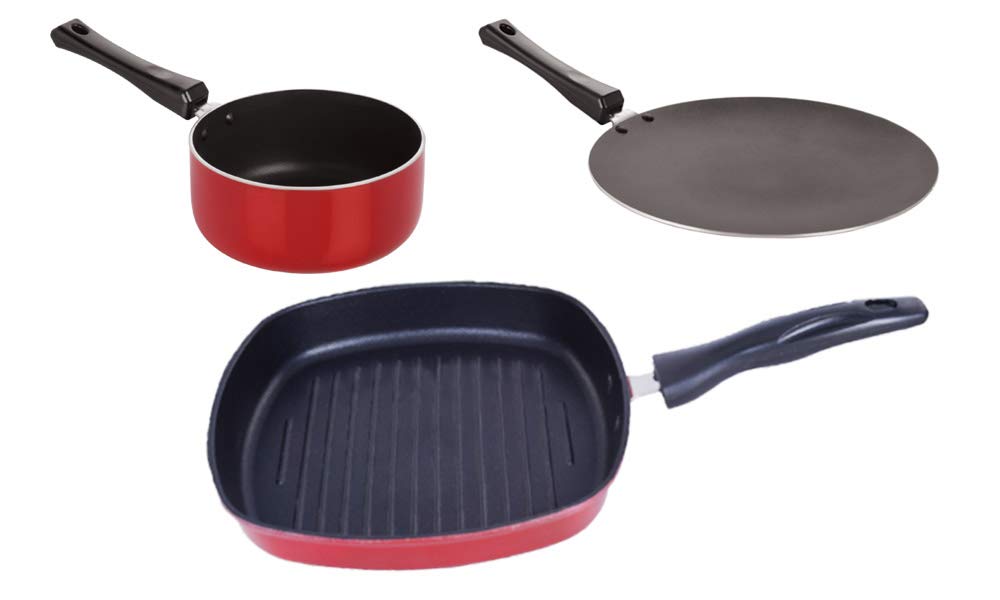 Nirlon Aluminium Non Stick Cooking Pots & Pans Set Of 3 Pieces (Ct12_Sp(M)_Gp24)