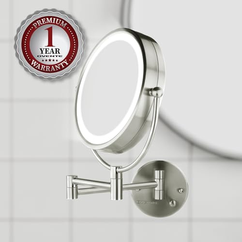OVENTE 8.5'' Hardwired Lighted Wall Mount Makeup Mirror  1X & 7X Magnifier  Spinning Double Sided Round White LED  Dimmer Switch  Extend & Fold  Retractable Arm  Nickel Brushed MPWD3185BR1X7X