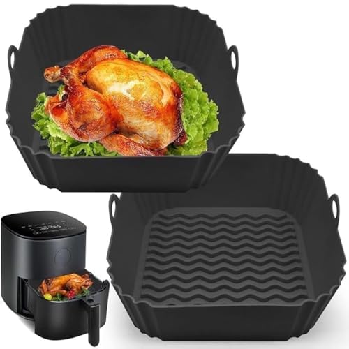Lomgav 2 Pcs Square Air Fryer Silicone Liners, 8 Inch Food Grade Reusable Heat Resistant Silicone Air Fryer Pots Inserts Baskets