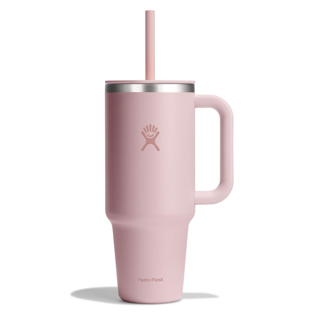 Hydro Flask Travel Tumbler with Handle, Lid and Straw - Insulated Stainless Steel in 40 Oz Tonal Trillium Pink