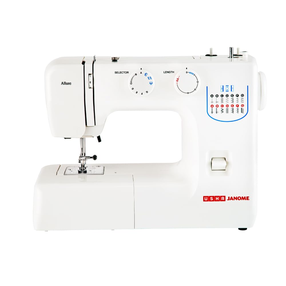Usha Janome Allure Automatic Zig-Zag Electric Sewing Machine || 13 Built-In-Stitches || 21 Stitch Function (White) With Compleme