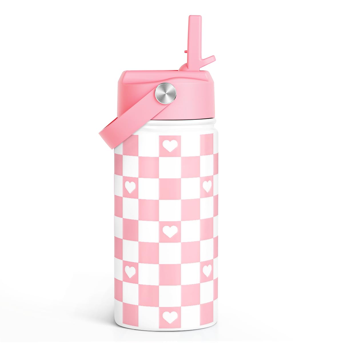 Checker Print Kids Water Bottle With Straw Lid 12oz Insulated Stainless Steel, Travel Tumbler, Pink Bow Gifts For Girls, Birthda
