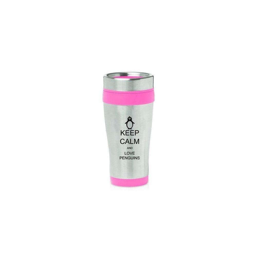 Hot Pink 16Oz Insulated Stainless Steel Travel Mug Z446 Keep Calm And Love Penguins