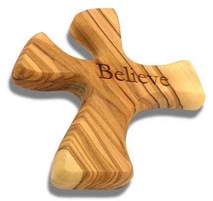 Jerusalem Wood Olive Wood Prayer Cross: Hand Held Cross Made to Perfectly Fit in Your Hand (Believe)