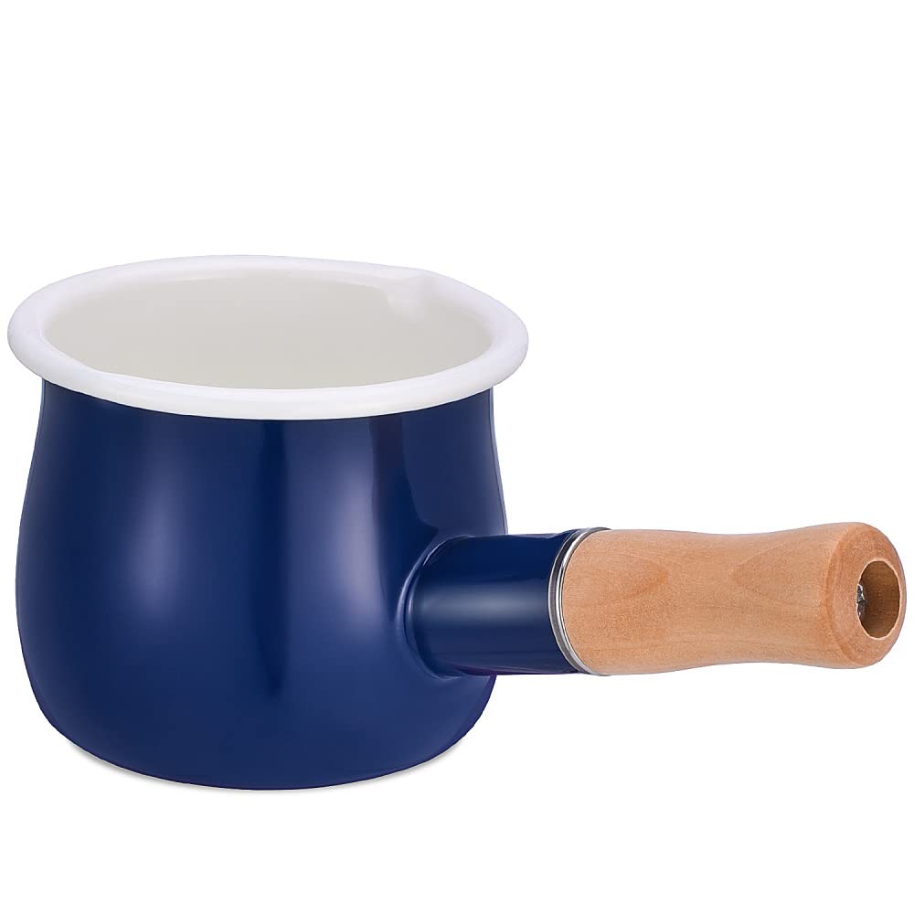 Yumcute Home Enamel Milk Pot, Small Saucepan Butter Warmer 4 Inch 17 Oz With Wooden Handle For Heating Smaller Liquid Portions