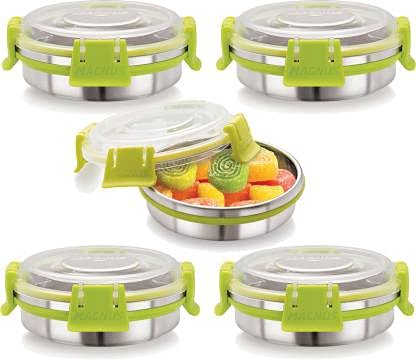 Magnus Stainless Steel Airtight Leakproof Container Set Of 200 Ml Each (Pack Of 5, Silver, Green)