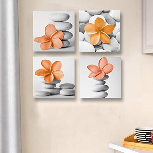 Genius Decor-Modern Bathroom Flowers Picture Zen Pebble Stone Modern Prints Burnt Orange Grey Bathroom Wall Decor (Orange)