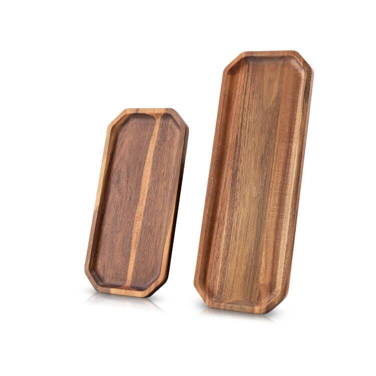 Set Of 2 Solid Acacia Wood Serving Trays 16'' And 12'' Rectangular Wooden Serving Platters For Dessert, Food, Vegetables, Fruit,