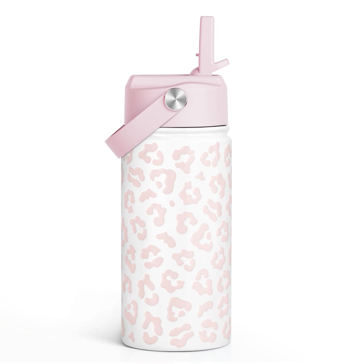 Beige Leopard Print Kids Water Bottle with Straw Lid 12oz Insulated Stainless Steel, Travel Tumbler, Gifts for Girls, Birthday, 