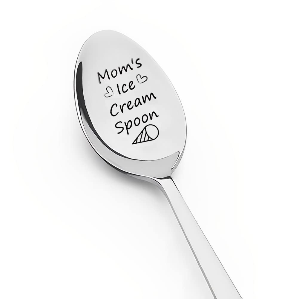 Mom Birthday Gifts From Daughter Son, Ice Cream Lover Gifts Spoon, Funny Moms Ice Cream Spoons Engraved Stainless Steel Spoon Fo